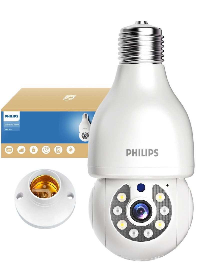 Philips 360° Smart Bulb Camera (with Mounting Base) – Easy Installation Indoor & Outdoor Security Camera, Full Color Night Vision, Smart Motion Alerts, Two-Way Audio, Cloud & TF Card Storage up to 128GB, AI Image Enhancement, 1080P Video Enhanced to 2K-Like Detail - Image 1